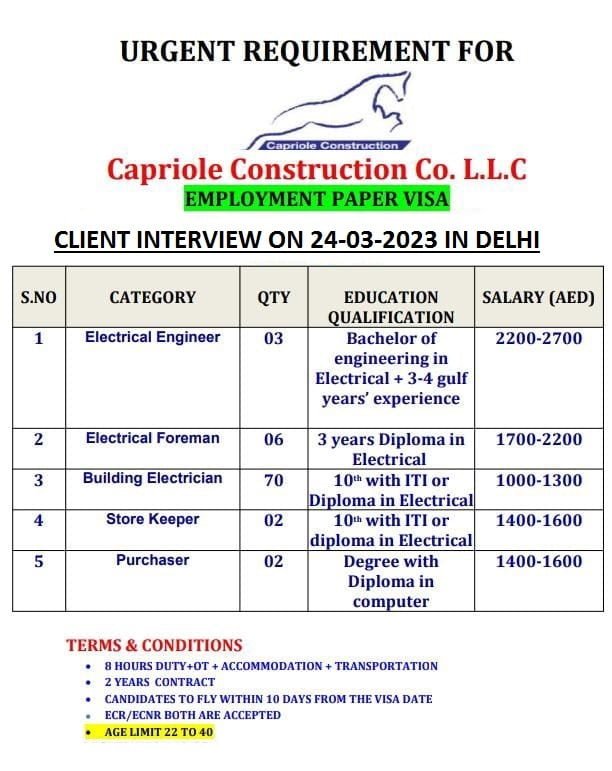 Urgent Requrement For dubai Capriole Contruction Co.L.L.C