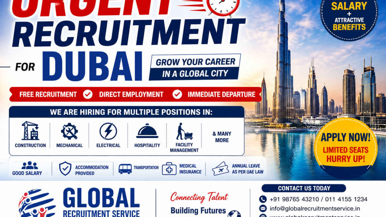 Urgent Dubai Recruitment Through Global Recruitment Service India